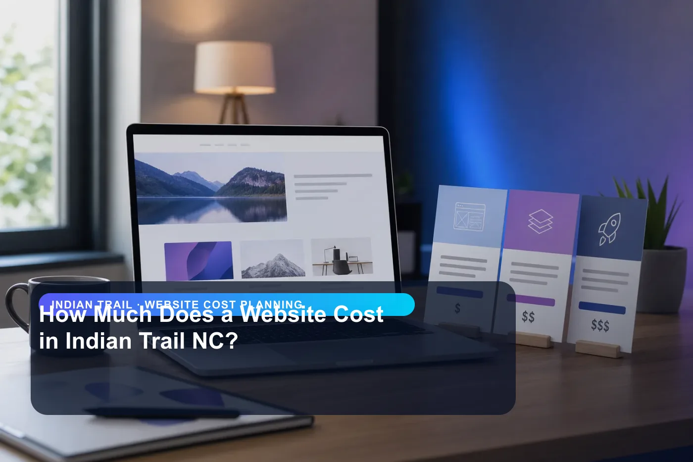 DigitalWiz website cost planning image for small businesses in Indian Trail, showing a modern analytics and website workspace