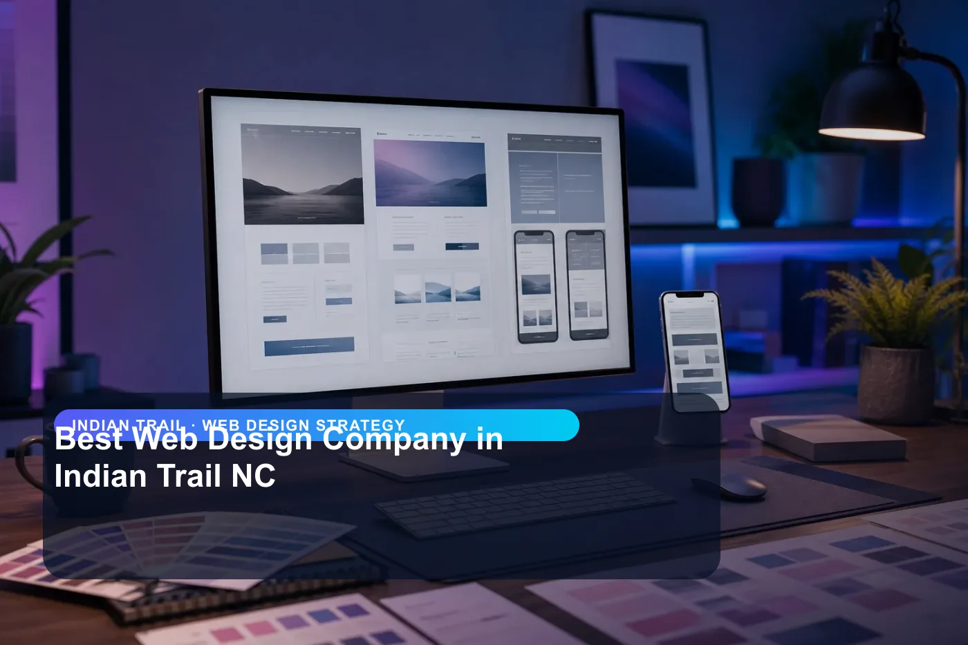 DigitalWiz web design strategy image for small businesses in Indian Trail, showing a modern analytics and website workspace