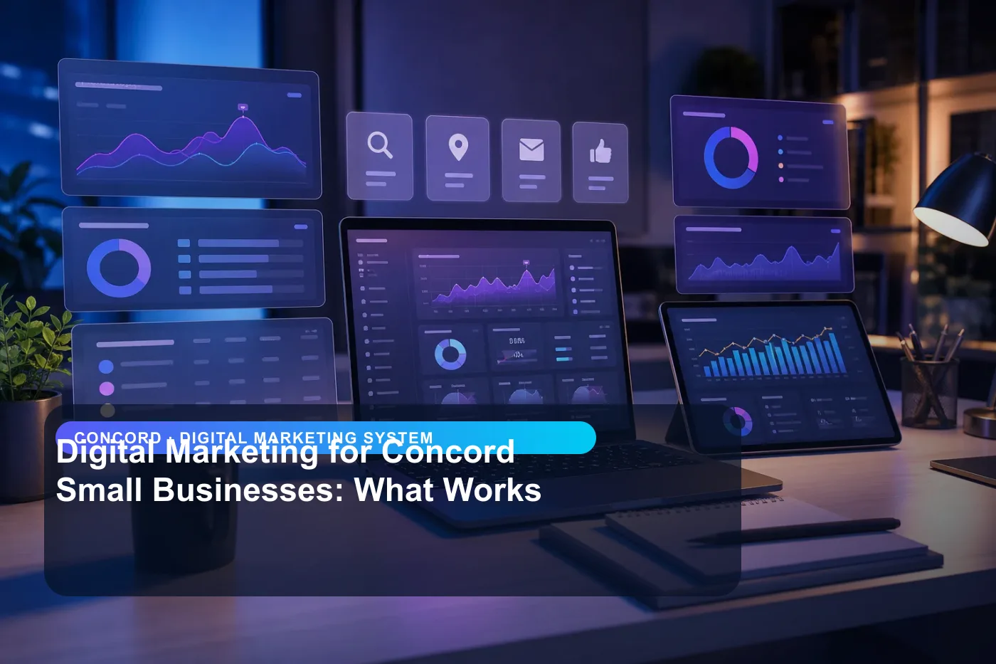 DigitalWiz digital marketing system image for small businesses in Concord, showing a modern analytics and website workspace