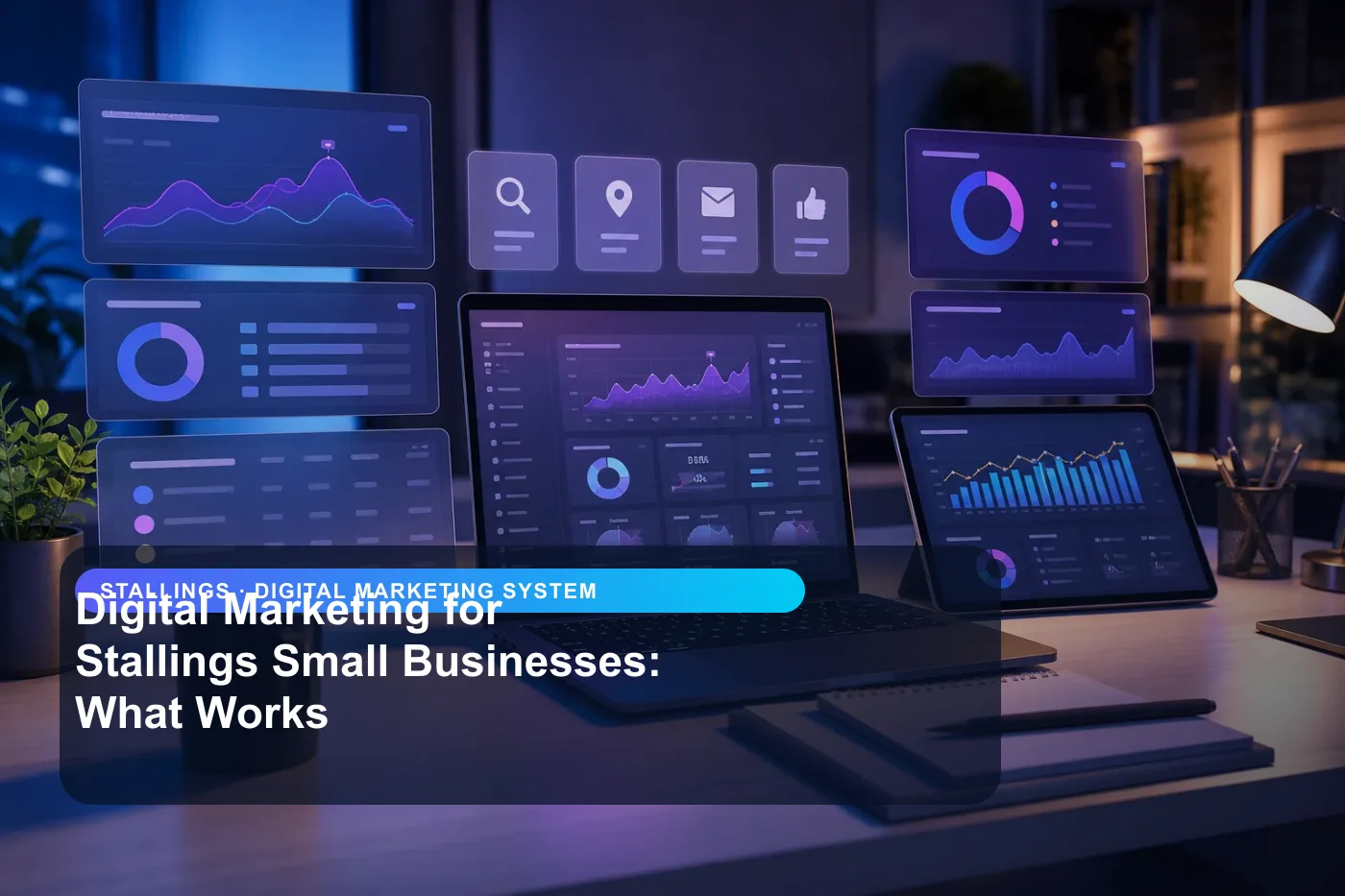 DigitalWiz digital marketing system image for small businesses in Stallings, showing a modern analytics and website workspace