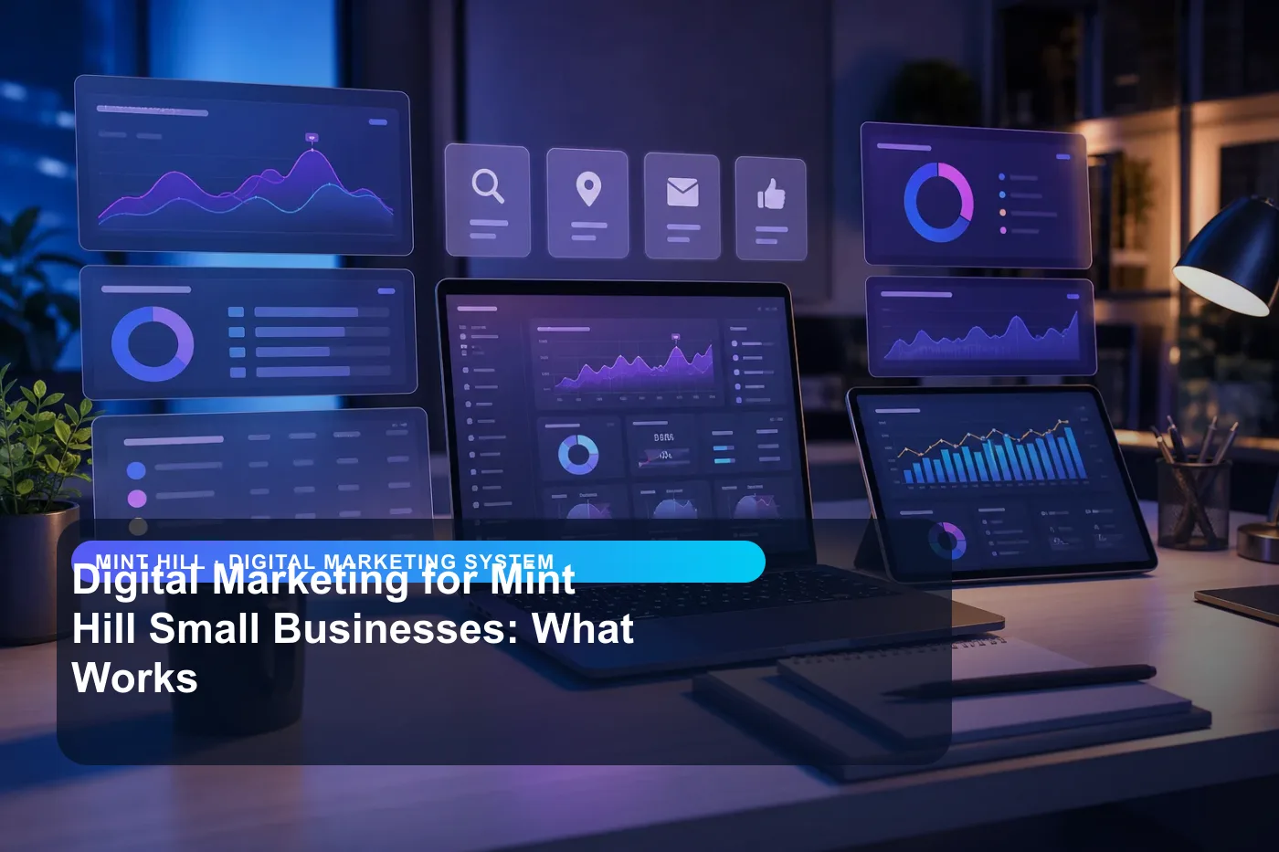 DigitalWiz digital marketing system image for small businesses in Mint Hill, showing a modern analytics and website workspace