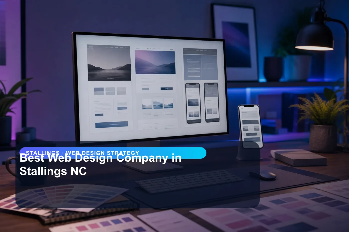 DigitalWiz web design strategy image for small businesses in Stallings, showing a modern analytics and website workspace