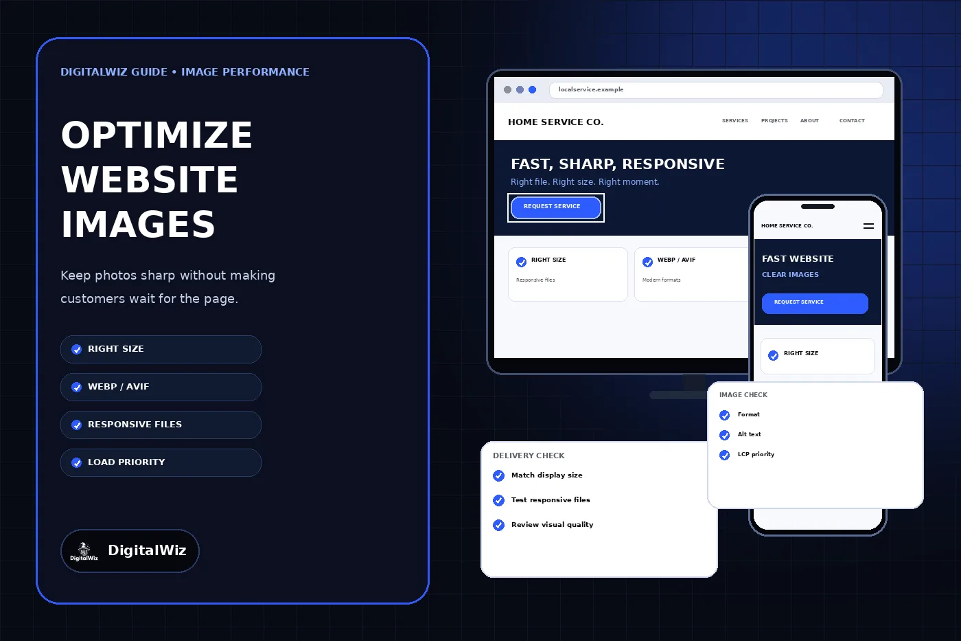 DigitalWiz image optimization guide with a dark outlined editorial panel, responsive home-service website mockups on desktop and phone, and cards for image size, format, alt text, and loading priority